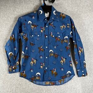 Rustler Wrangler Kids Large Blue Cowboy Rodeo Print Western Pearl Snap Shirt 8